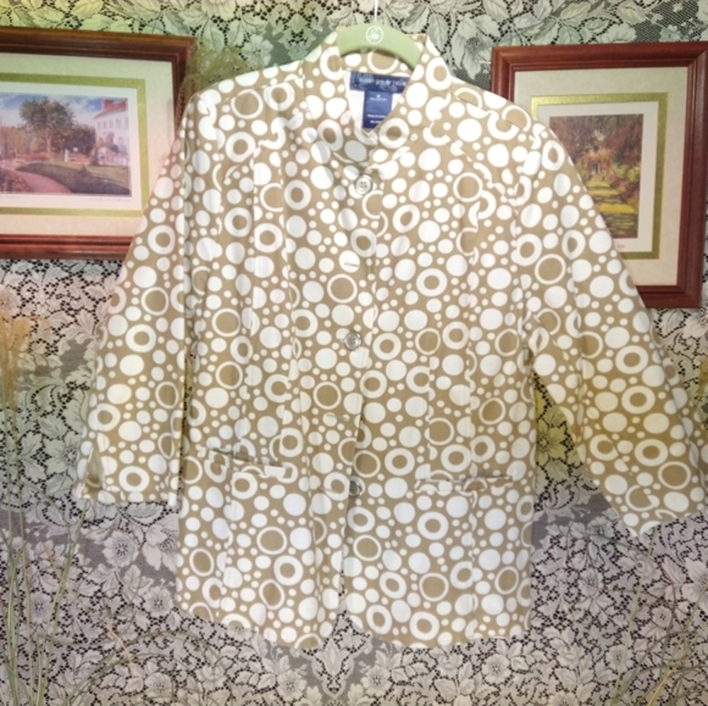 Susan Graver beige tan cream white lightweight jacket circle cotton 3/4 sleeve